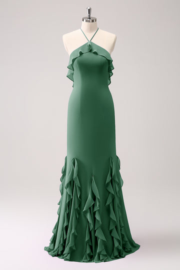 Vestido largo de dama de honor de gasa con volantes halter de sirena de Salvia polvorienta